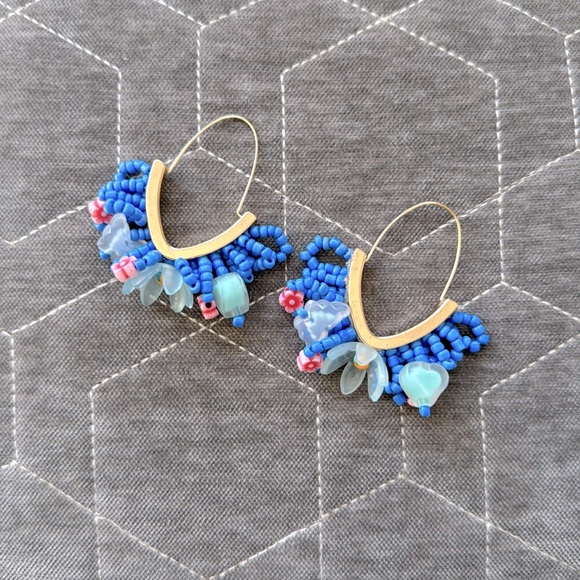 Anthropologie Jewelry - Anthropologie Blue Beaded Floral Hoop Earrings with Gold Accents